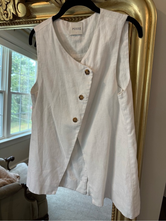Posse Tops - Posse White Sleeveless Linen Wrap Top with Button Detail
